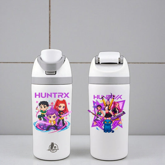 K-Pop Demon Hunters Huntrix Squad 16 oz Kids Fruit Bottle – Zoey, Rumi, Mira & Derpy | Double-Sided 3D UVDTF | Leak-Proof