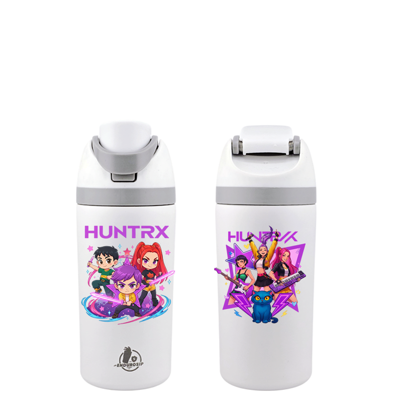 K-Pop Demon Hunters Huntrix Squad 16 oz Kids Fruit Bottle – Zoey, Rumi, Mira & Derpy | Double-Sided 3D UVDTF | Leak-Proof