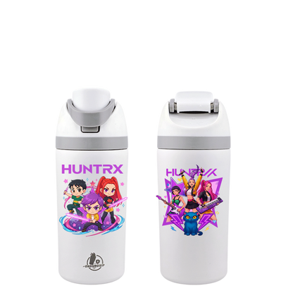 K-Pop Demon Hunters Huntrix Squad 16 oz Kids Fruit Bottle – Zoey, Rumi, Mira & Derpy | Double-Sided 3D UVDTF | Leak-Proof