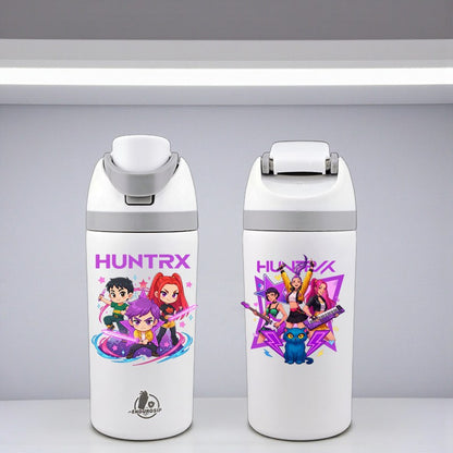 K-Pop Demon Hunters Huntrix Squad 16 oz Kids Fruit Bottle – Zoey, Rumi, Mira & Derpy | Double-Sided 3D UVDTF | Leak-Proof