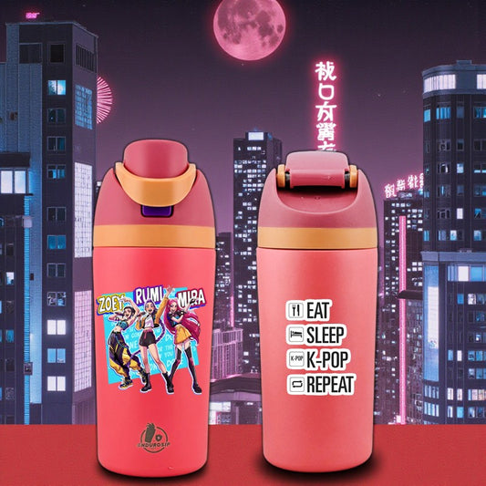 16 oz Pink K-Pop Kids Fruit Bottle – Zoey, Rumi & Mira | Double-Sided UVDTF 3D • Leak-Proof Huntrix Edition