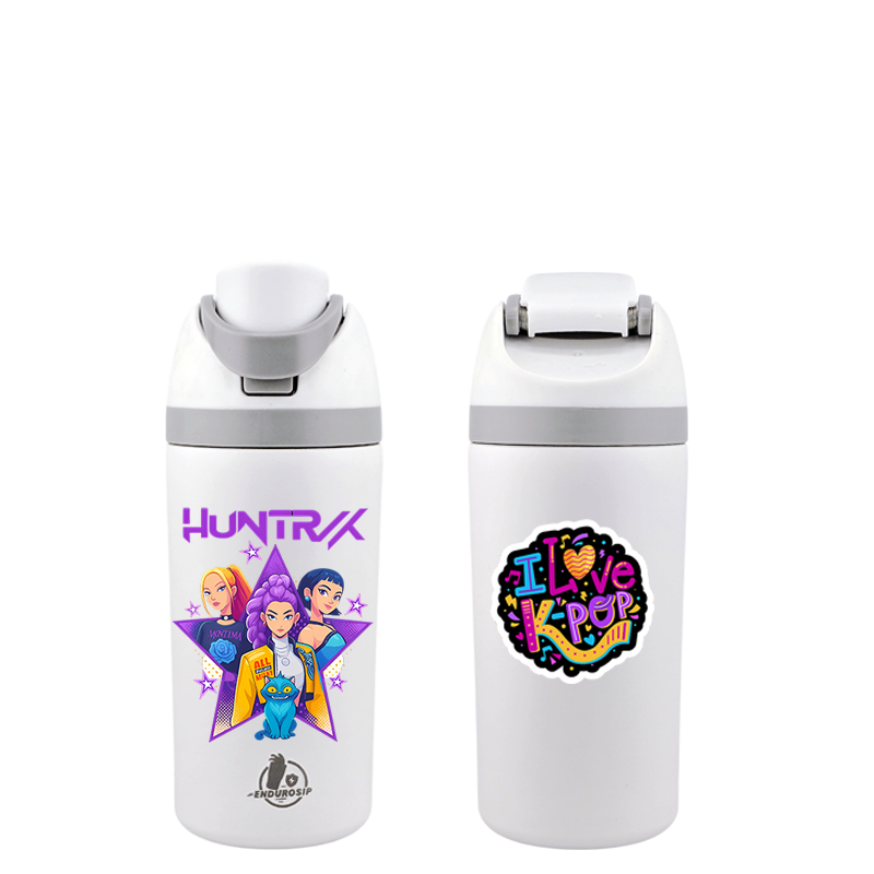 K-Pop Demon Hunters “I Love K-Pop” Huntrix 16 oz Kids Fruit Bottle – White Edition | Double-Sided 3D UVDTF | Leak-Proof