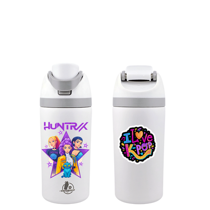 K-Pop Demon Hunters “I Love K-Pop” Huntrix 16 oz Kids Fruit Bottle – White Edition | Double-Sided 3D UVDTF | Leak-Proof