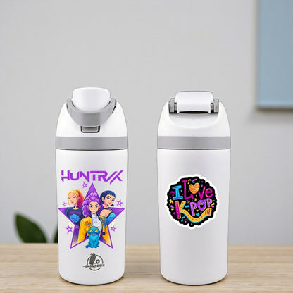 K-Pop Demon Hunters “I Love K-Pop” Huntrix 16 oz Kids Fruit Bottle – White Edition | Double-Sided 3D UVDTF | Leak-Proof