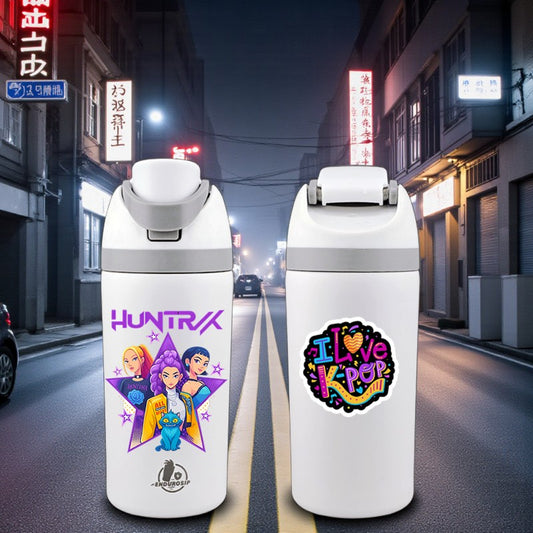 K-Pop Demon Hunters “I Love K-Pop” Huntrix 16 oz Kids Fruit Bottle – White Edition | Double-Sided 3D UVDTF | Leak-Proof