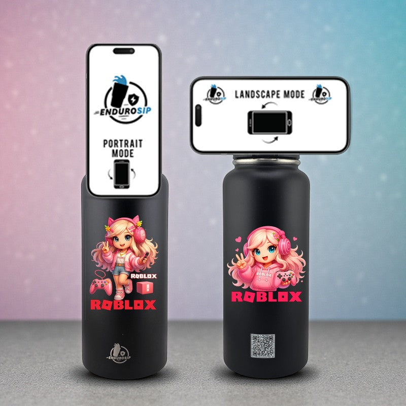 Roblox Girl in Pink 32 oz MagSafe Phone-Holder Water Bottle – Double-Sided 3D UVDTF Permastickers | EnduroSip