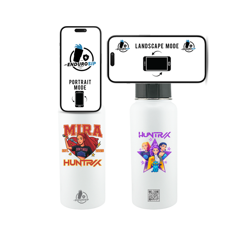 32oz MagSafe Stainless Steel Bottle with Phone Holder White – MIRA HUNTRX K-POP Demon Hunters Edition – Dual 3D UVDTF Permastickers (Hand Wash Only)