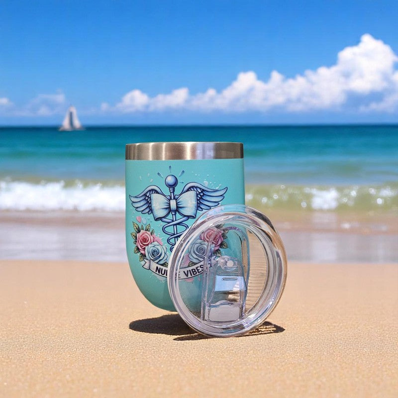 Nurse Vibes 12oz Wine Tumbler with lid, Stainless Steel Travel Mugs Stemless Double Wall Insulated Coffee Cup, Insulated Wine Glasses Travel Tumbler for Cold & Hot Drinks