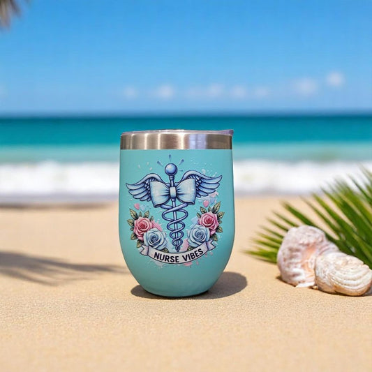 Nurse Vibes 12oz Wine Tumbler with lid, Stainless Steel Travel Mugs Stemless Double Wall Insulated Coffee Cup, Insulated Wine Glasses Travel Tumbler for Cold & Hot Drinks