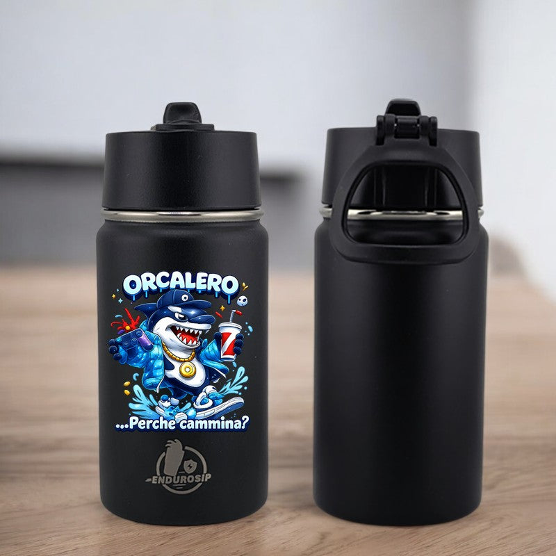 EnduroSip® 12 oz Black, White, Blue, Pink  Water Bottle – Orcalero “Perché Cammina?” Italian Brainrot | Single-Sided UVDTF 3D Permastickers
