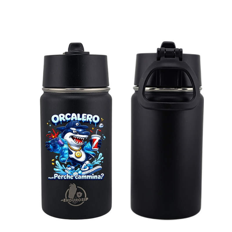 EnduroSip® 12 oz Black, White, Blue, Pink  Water Bottle – Orcalero “Perché Cammina?” Italian Brainrot | Single-Sided UVDTF 3D Permastickers