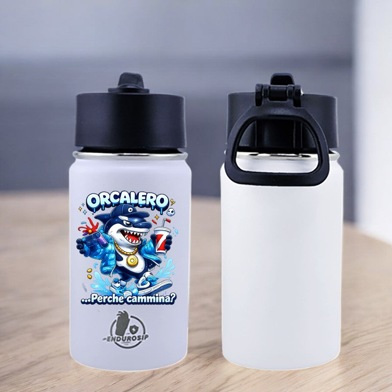 EnduroSip® 12 oz Black, White, Blue, Pink  Water Bottle – Orcalero “Perché Cammina?” Italian Brainrot | Single-Sided UVDTF 3D Permastickers
