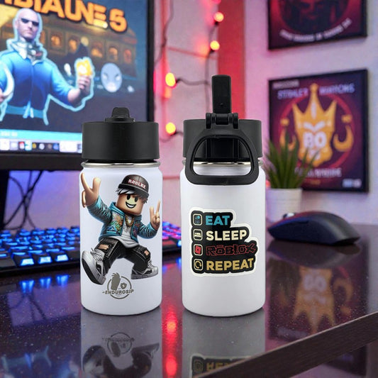 12 oz Kids Sports Kettle – Straw & Handle Bottle with Dual 3D UVDTF Stickers | Roblox Gamer Edition