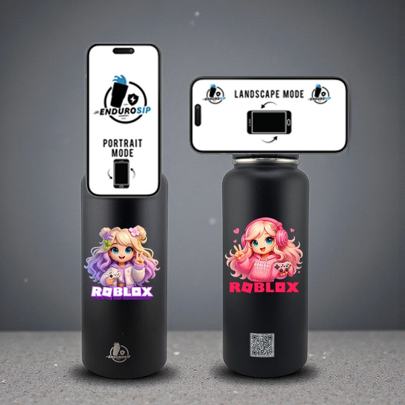 Roblox Girl in Pink & Purple 32 oz MagSafe Phone-Holder Water Bottle – Double-Sided 3D UVDTF Permastickers | EnduroSip