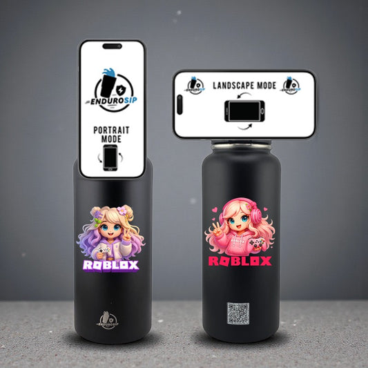 Roblox Girl in Pink & Purple 32 oz MagSafe Phone-Holder Water Bottle – Double-Sided 3D UVDTF Permastickers | EnduroSip