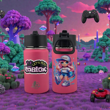12 oz Kids Sports Kettle – Straw & Handle Bottle with Dual 3D UVDTF Stickers | Roblox Girl in Pink Edition