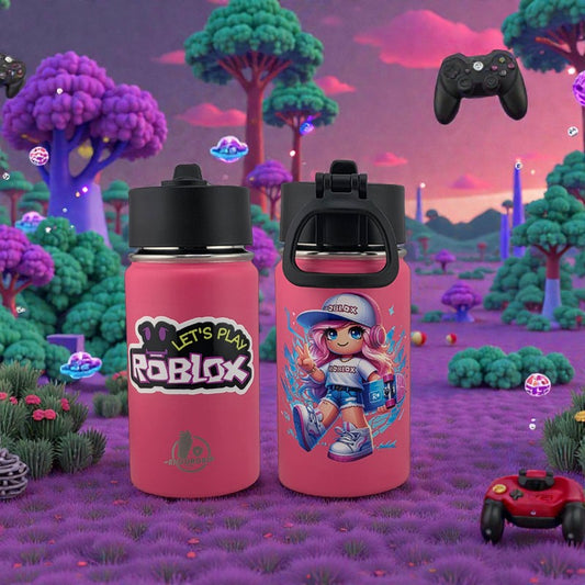 12 oz Kids Sports Kettle – Straw & Handle Bottle with Dual 3D UVDTF Stickers | Roblox Girl in Pink Edition