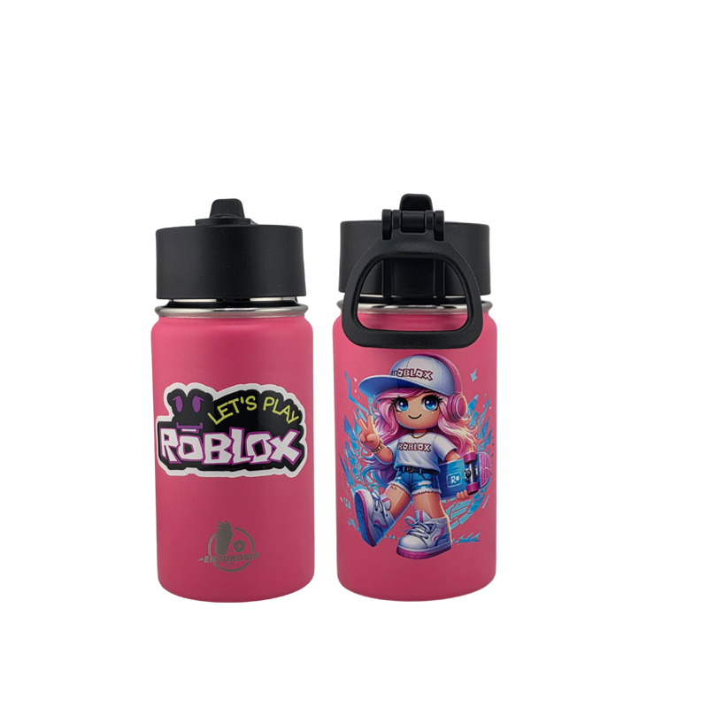 12 oz Kids Sports Kettle – Straw & Handle Bottle with Dual 3D UVDTF Stickers | Roblox Girl in Pink Edition