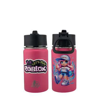 12 oz Kids Sports Kettle – Straw & Handle Bottle with Dual 3D UVDTF Stickers | Roblox Girl in Pink Edition