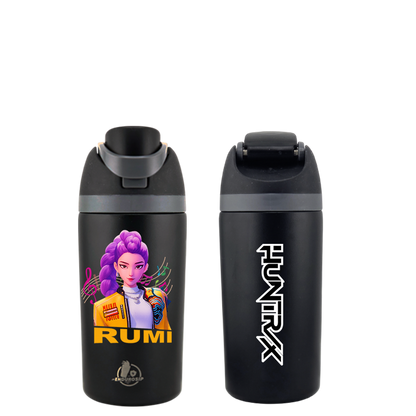 K-Pop Demon Hunters Rumi 16 oz Kids Fruit Bottle – Double-Sided 3D UVDTF | Huntrix Logo Back | Leak-Proof & Kid-Friendly