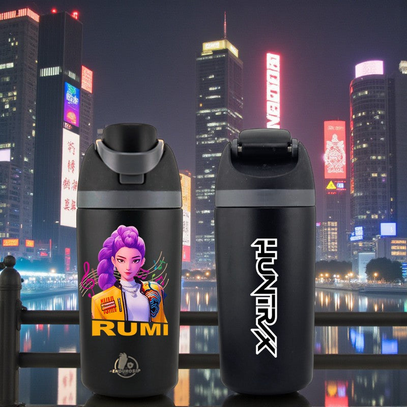 K-Pop Demon Hunters Rumi 16 oz Kids Fruit Bottle – Double-Sided 3D UVDTF | Huntrix Logo Back | Leak-Proof & Kid-Friendly