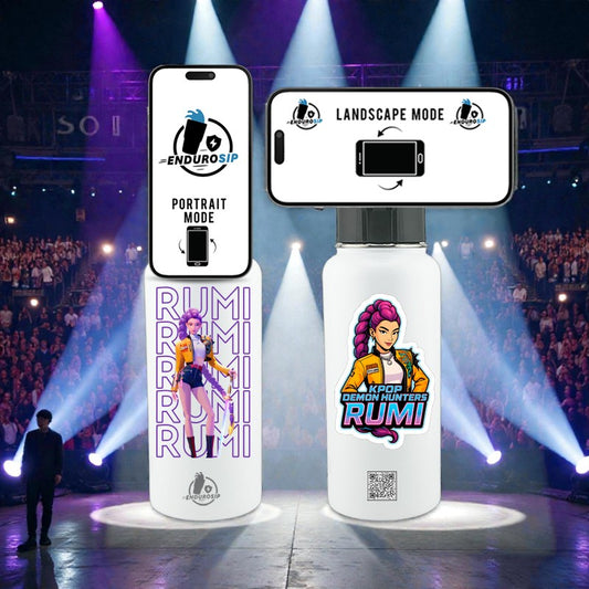 32oz MagSafe Stainless Steel Bottle with Phone Holder – K-POP Demon Hunters RUMI Edition – Dual 3D UVDTF Permastickers (Hand Wash Only)