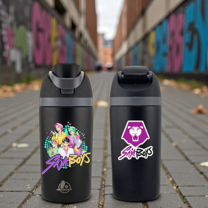 16 oz Black SAJA BOYS K-Pop Kids Fruit Bottle | Double-Sided UVDTF 3D • Leak-Proof Edition
