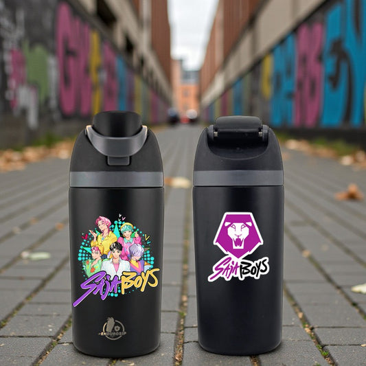 16 oz Black SAJA BOYS K-Pop Kids Fruit Bottle | Double-Sided UVDTF 3D • Leak-Proof Edition