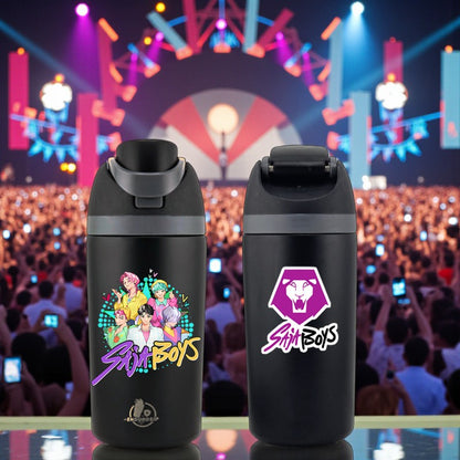 16 oz Black SAJA BOYS K-Pop Kids Fruit Bottle | Double-Sided UVDTF 3D • Leak-Proof Edition
